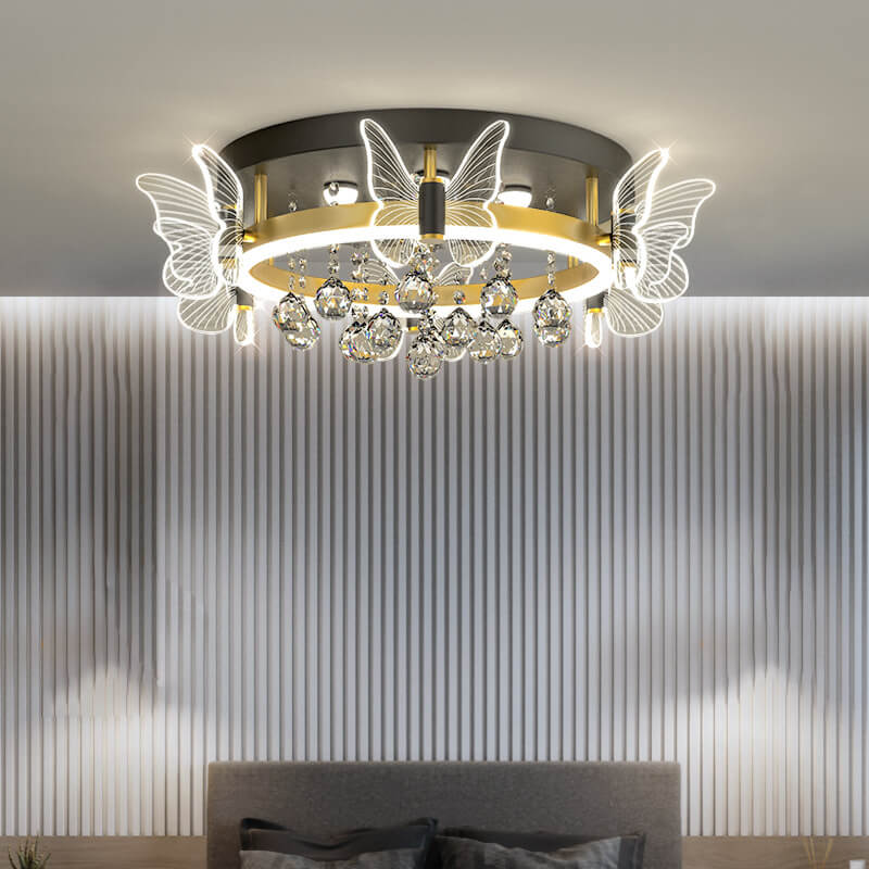 Modern Luxury Radiant Crystal Strings Butterfly Embellishment Round Shade LED Flush Mount Ceiling Light For Living Room