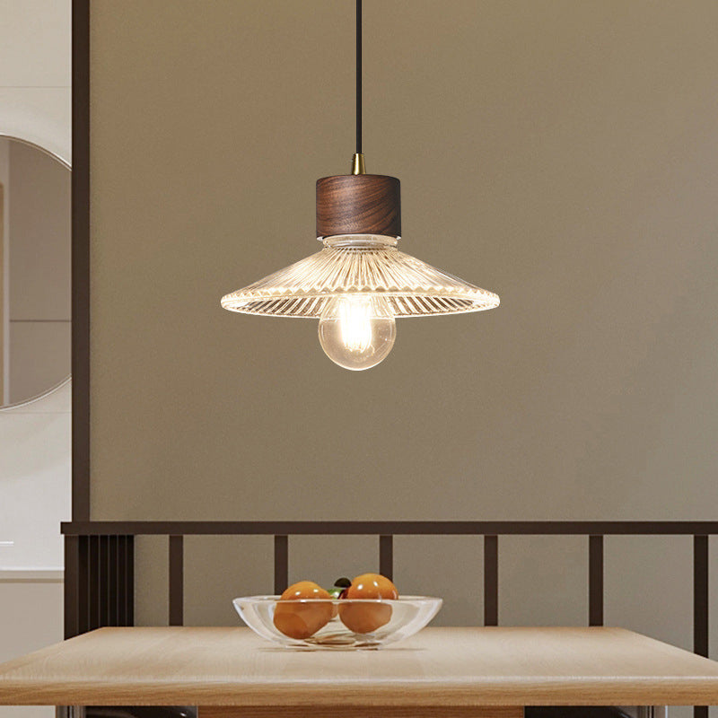 Traditional Chinese Iron Walnut Glass Conic Umbrella-Shaped 1-Light Pendant Light For Dining Room