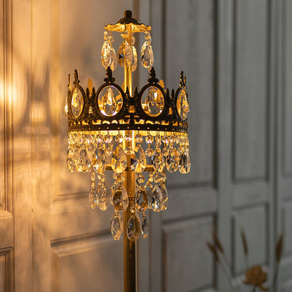 Traditional Luxury Copper Brass Crystal Crown Pendant 3-Light Standing Floor Lamp For Bedroom
