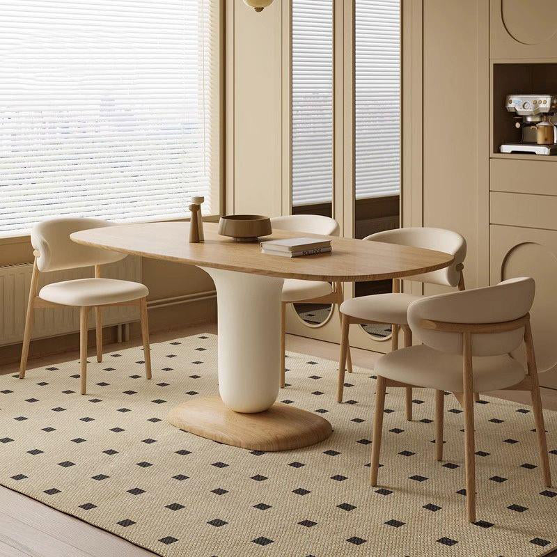 Traditional Japanese Elliptical Ash Wood Oaken Faux Leather Dining Table & Chair Set For 4/6 Seats