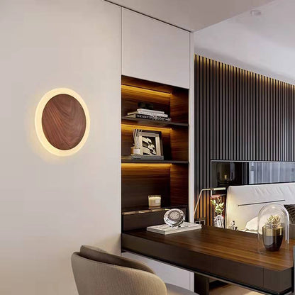Traditional Japanese Black Walnut Round Shade LED Wall Sconce Lamp For Living Room
