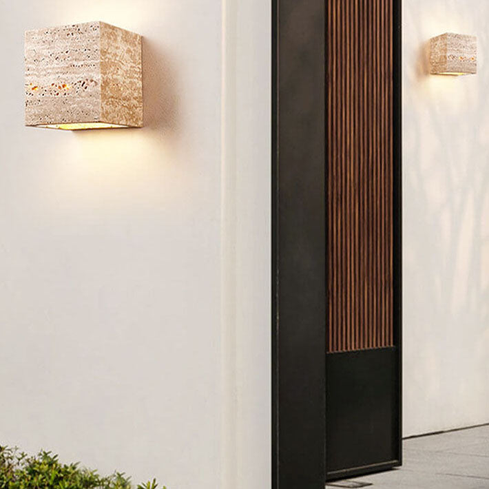 Modern Minimalist Square Rectangle Yellow Travertine LED Wall Sconce Lamp For Outdoor Patio