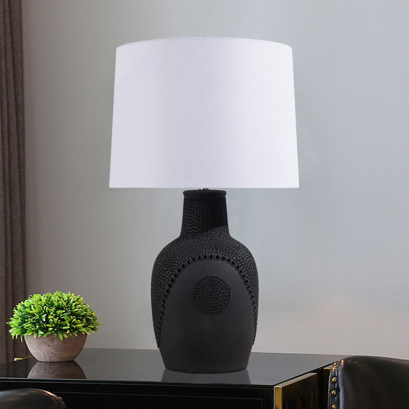 Modern Minimalist Black White Ceramic Jar Drum Fabric 1-Light Table Lamp