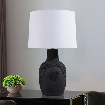 Modern Minimalist Black White Ceramic Jar Drum Fabric 1-Light Table Lamp