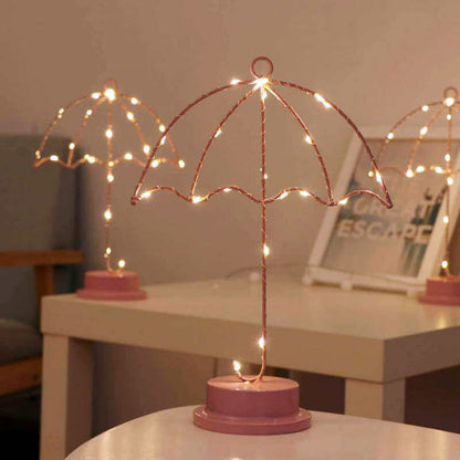 Creative Umbrella Pink Iron LED Decorative Battery USB Night Light Table Lamp
