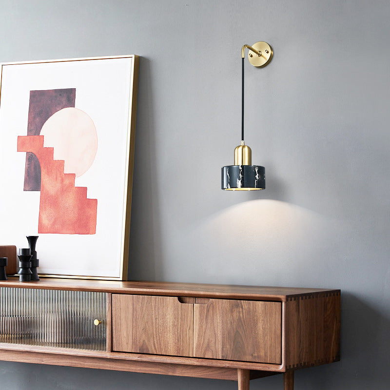 Modern Minimalist Cylinder Iron Marble 1-Light Wall Sconce Lamp For Bedroom