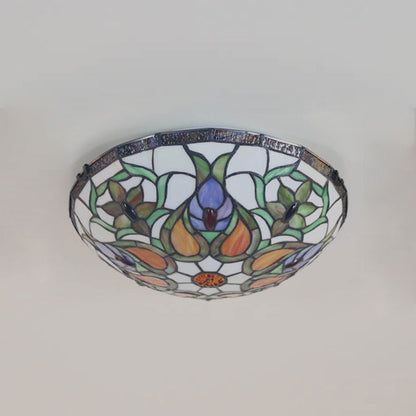 European Tiffany Flowers Stained Glass 3-Light Flush Mount Ceiling Light