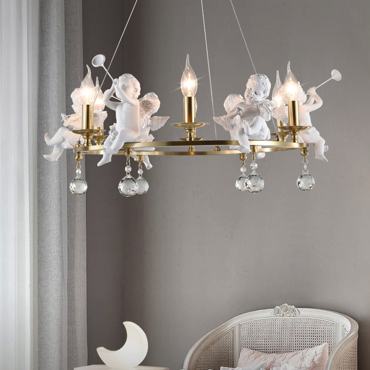 Traditional Vintage Angel Candle Crystal Round ABS Copper 3/6/8 Light Chandelier For Living Room
