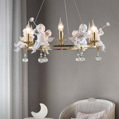 Traditional Vintage Angel Candle Crystal Round ABS Copper 3/6/8 Light Chandelier For Living Room