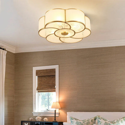 Traditional European Flower Petal Copper Glass 3/4/6 Light Flush Mount Ceiling Light For Living Room