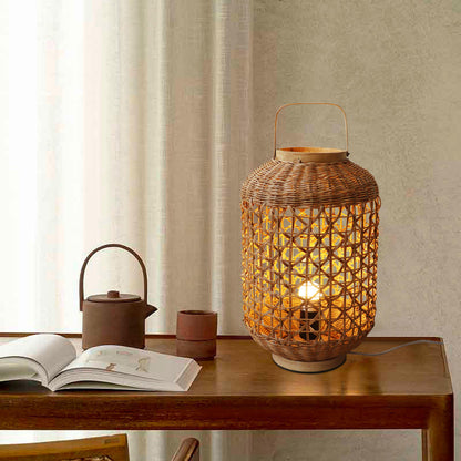 Traditional Vintage Cylinder Lantern Bamboo Rattan 1-Light Table Lamp For Living Room