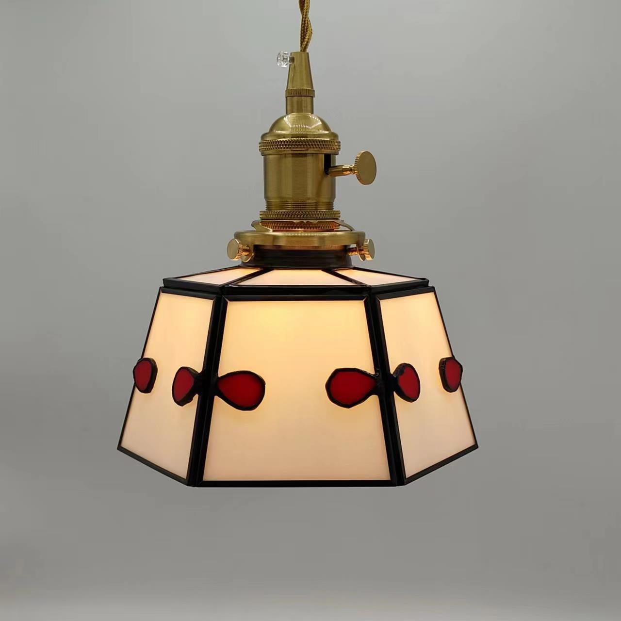 Traditional Vintage Brass Glass Cylinder Quadripartite Horn Lattice 1-Light Pendant Light For Dining Room