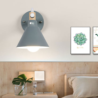 Nordic Macaron Iron Trumpet Shaped Wood 1-Light Wall Sconce Lamp