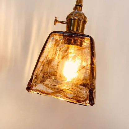 Traditional Vintage Amber Square Glass Brass 1-Light Pendant Light For Living Room
