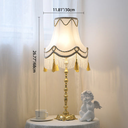 Traditional French Round Brass Fabric 1-Light Table Lamp For Bedroom