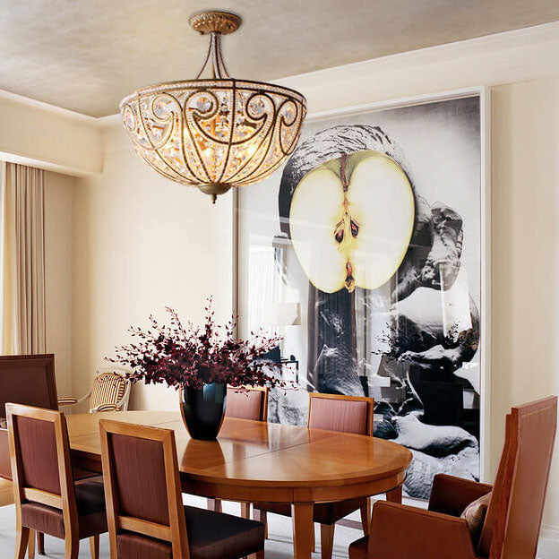 French Luxury Crystal Bead Strings Bowl Gold Iron 5-Light Semi-Flush Mount Ceiling Light