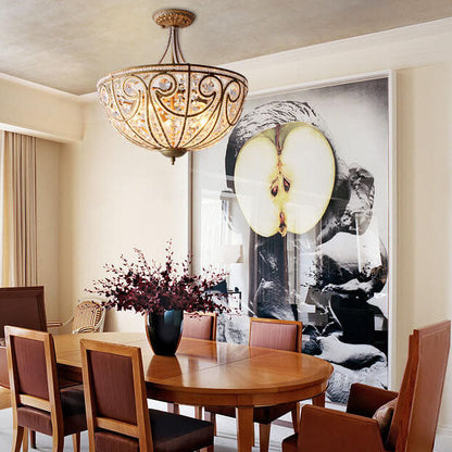 French Luxury Crystal Bead Strings Bowl Gold Iron 5-Light Semi-Flush Mount Ceiling Light