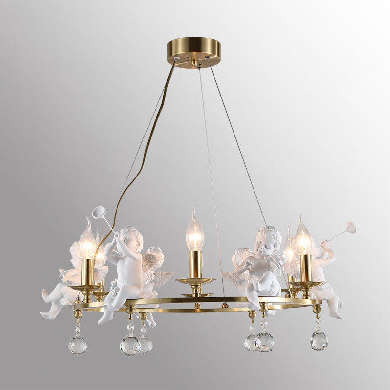Traditional Vintage Angel Candle Crystal Round ABS Copper 3/6/8 Light Chandelier For Living Room