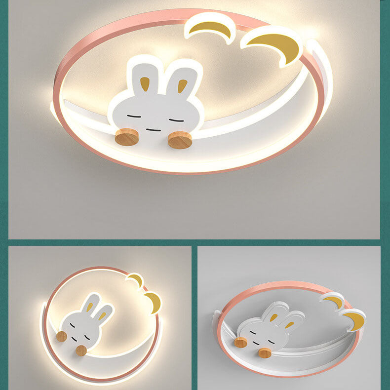 Modern Creative Cartoon Rabbit Iron Round LED Kids Flush Mount Ceiling Light