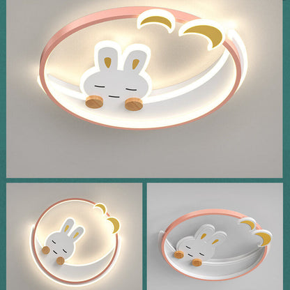 Modern Creative Cartoon Rabbit Iron Round LED Kids Flush Mount Ceiling Light