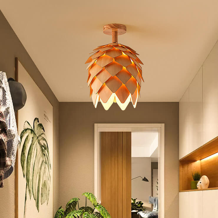 Nordic Wood Geometric Round 1-Light Semi-Flush Mount Ceiling Light