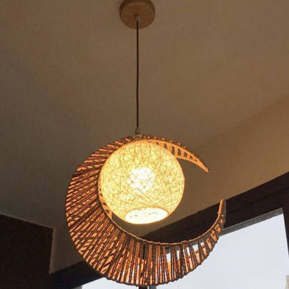 Contemporary Creative Crescent Moon Hemp Rope Weaving Shade 1-Light Pendant Light For Living Room