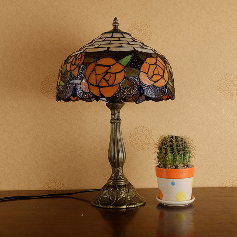 Traditional Tiffany Vintage Rose Stained Glass 1-Light Table Lamp For Study