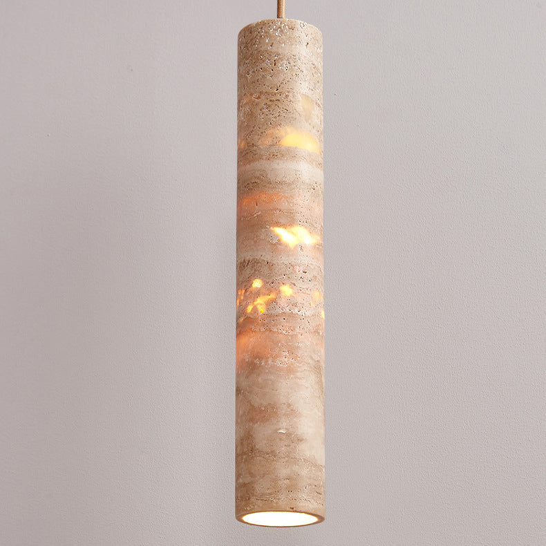 Modern Minimalist Cylindrical Natural Yellow Travertine 1-Light Pendant Light For Bedroom