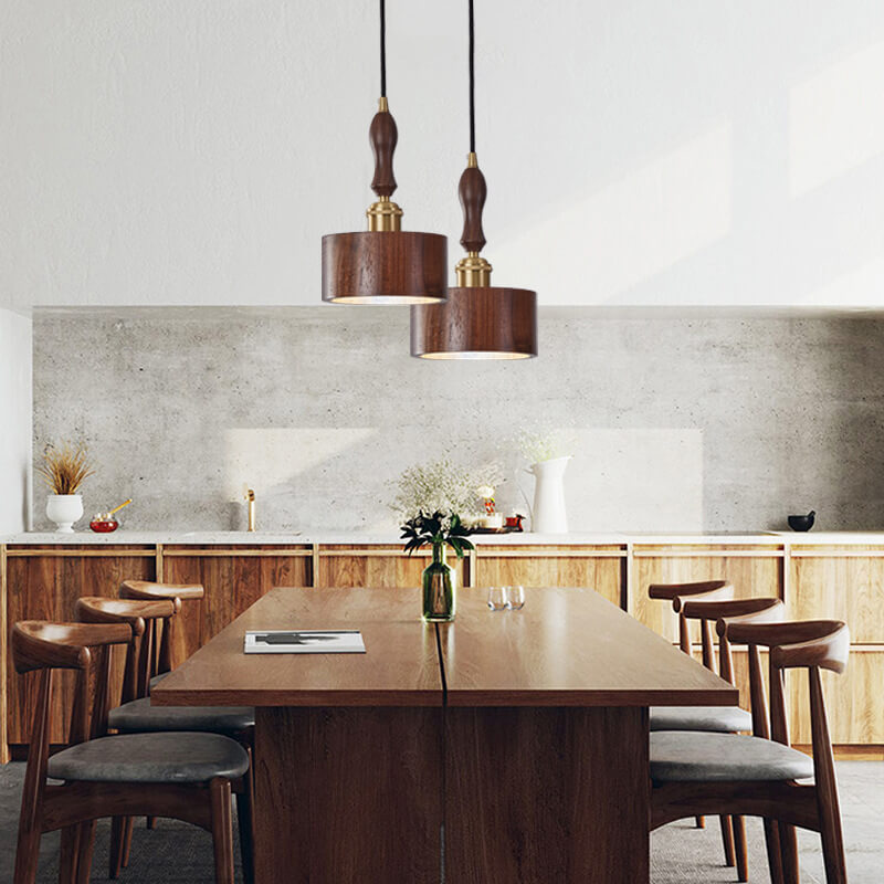 Japanese Brass Walnut Drum 1-Light Pendant Light