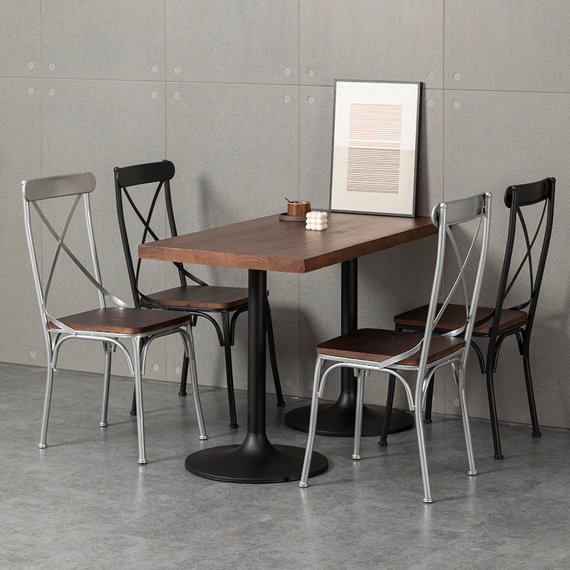 Contemporary Industrial PU Leather Wood Iron Square X Shape Back Dining Chair & Table Set For Dining Room