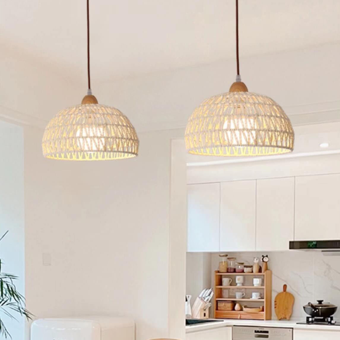 Contemporary Boho Wood Rattan Weaving Dome 1-Light Pendant Light For Dining Room