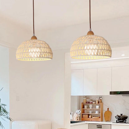 Contemporary Boho Wood Rattan Weaving Dome 1-Light Pendant Light For Dining Room