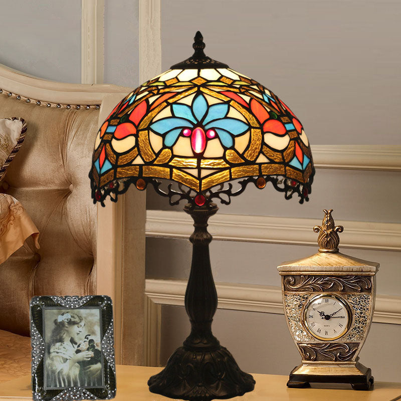 Traditional Tiffany Resin Zinc Alloy Glass Dome Bead 1-Light Table Lamp For Bedside