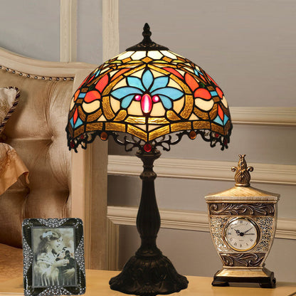 Traditional Tiffany Resin Zinc Alloy Glass Dome Bead 1-Light Table Lamp For Bedside