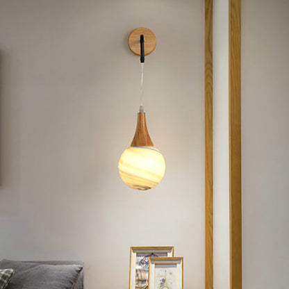 Traditional Vintage Wood Frame Moon Textured Globe Shade 1-Light Wall Sconce Lamp For Bedroom
