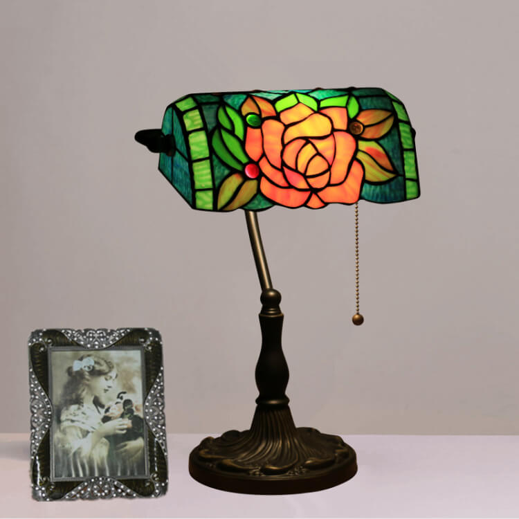 Tiffany Vintage Blooming Flowers Stained Glass 1-Light Bank Table Lamp