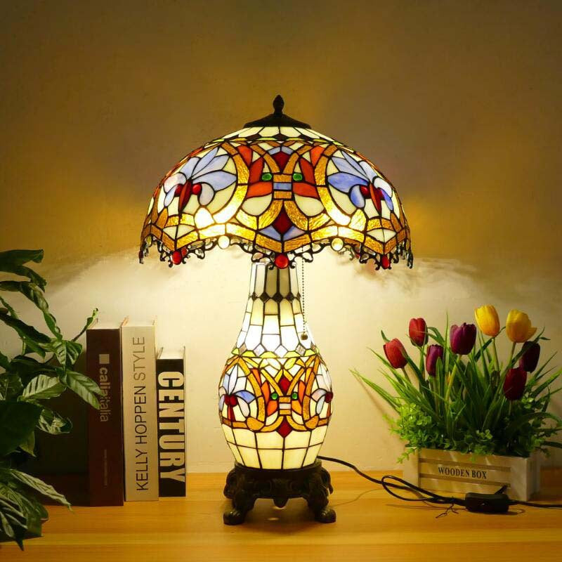 Traditional Tiffany Baroque Umbrella Resin Stained Glass 3-Light Table Lamp For Bedroom
