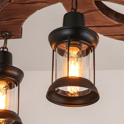 Traditional Japanese Wood Double Moon Design Iron Glass Bottle Shade 4-Light Island Light Chandelier For Dining Room