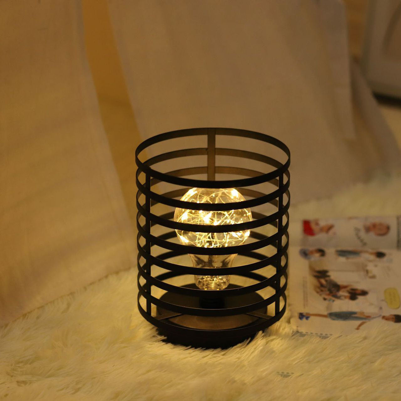 Creative Simple Round Column Iron LED Battery Night Light Table Lamp