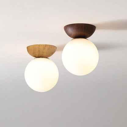 Nordic Japanese Glass Orb Wood Grain Iron 1-Light Ceiling Light