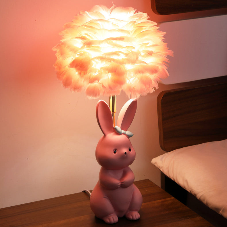 Modern Art Deco Rabbit Feather Orb Metal Goose Feather Glass 1-Light Table Lamp For Bedroom