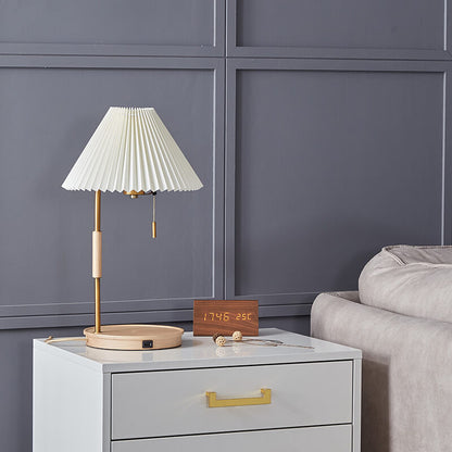 Modern Pleated Shade Walnut Wood Round Base 1-Light Table Lamp