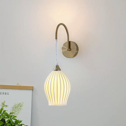 Traditional French Iron Ceramic Ball Ribbed Flower Bud 1-Light Wall Sconce Lamp For Bedside
