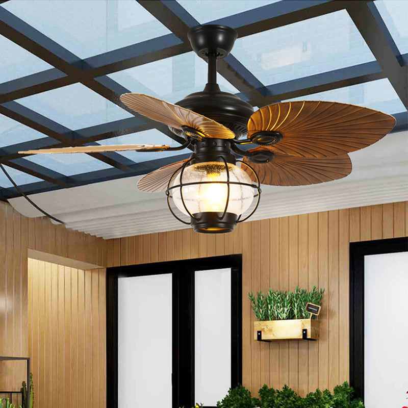 Traditional Rustic Lantern Banana Shaped Fan Leaf Iron Glass 1-Light Downrods Ceiling Fan Light For Outdoor Patio