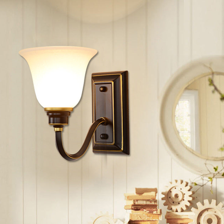 Traditional Rustic Floral Glass Shade Iron 1-Light Wall Sconce Lamp For Bedroom