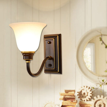 Traditional Rustic Floral Glass Shade Iron 1-Light Wall Sconce Lamp For Bedroom