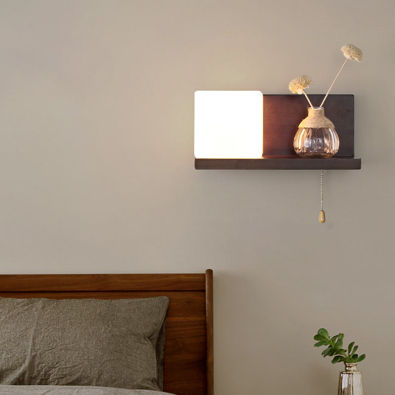 Modern Minimalist Rectangular Square Shelf Wood Glass 1-Light Wall Sconce Lamp For Bedroom