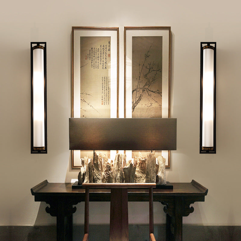 Traditional Chinese Iron Glass Rectangular Cylinder 2-Light Wall Sconce Lamp For Living Room