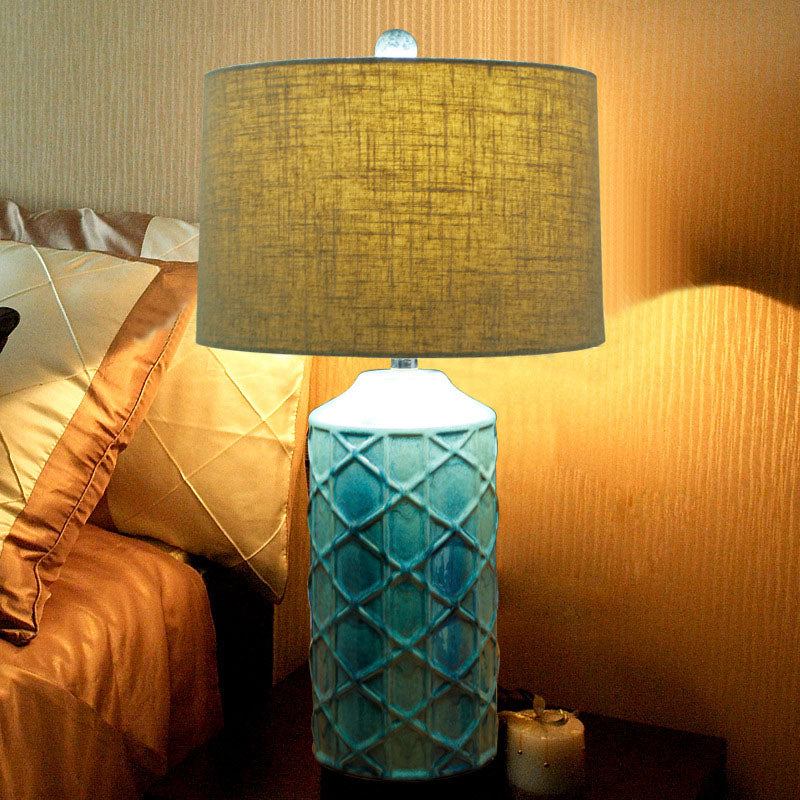 Traditional Vintage Cylinder Stripe Base Ceramic Fabric 1-Light Table Lamp For Bedroom