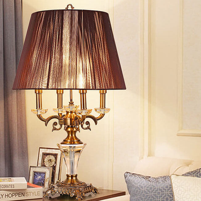Modern Luxury Fabric Shade Candle Crystal Base 3/4 Light Table Lamp